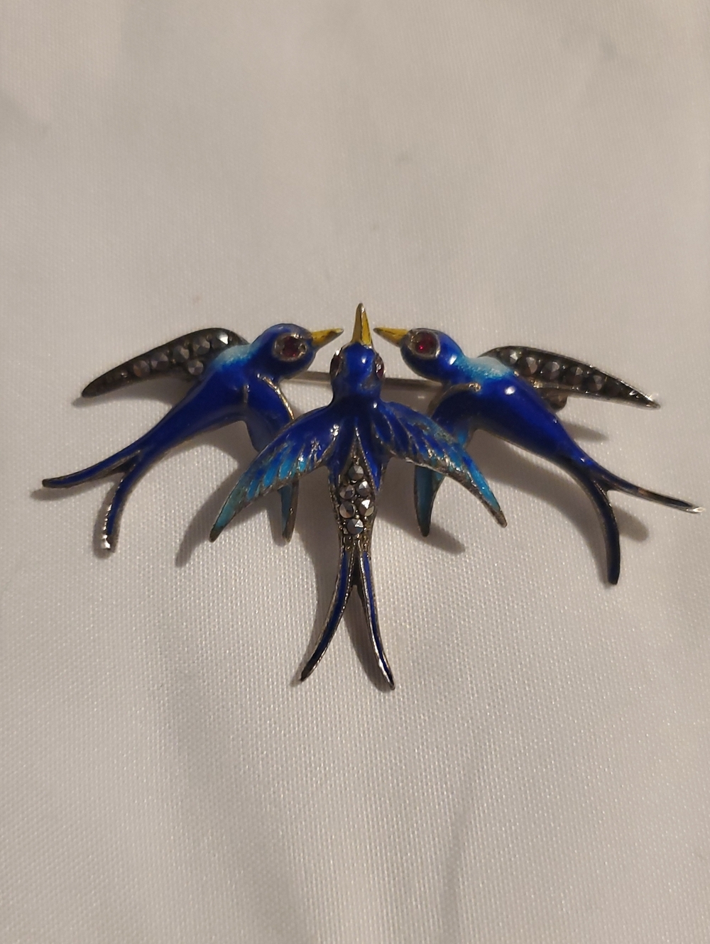 Blue Enamel Swallow Bird Sterling Silver Brooch Pin - Elegant Bird Jewelry